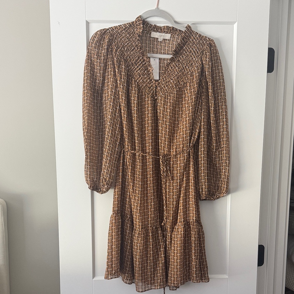 LOFT Brown Geometric Long Sleeve Dress
